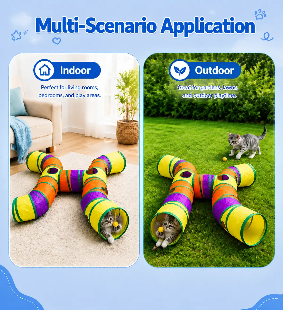 14-Way Interactive Cat Tunnel with Peek Holes and Ball - Foldable H-Shape Play Tunnel for Indoor Cats, Rabbits, Ferrets, and Small Pets