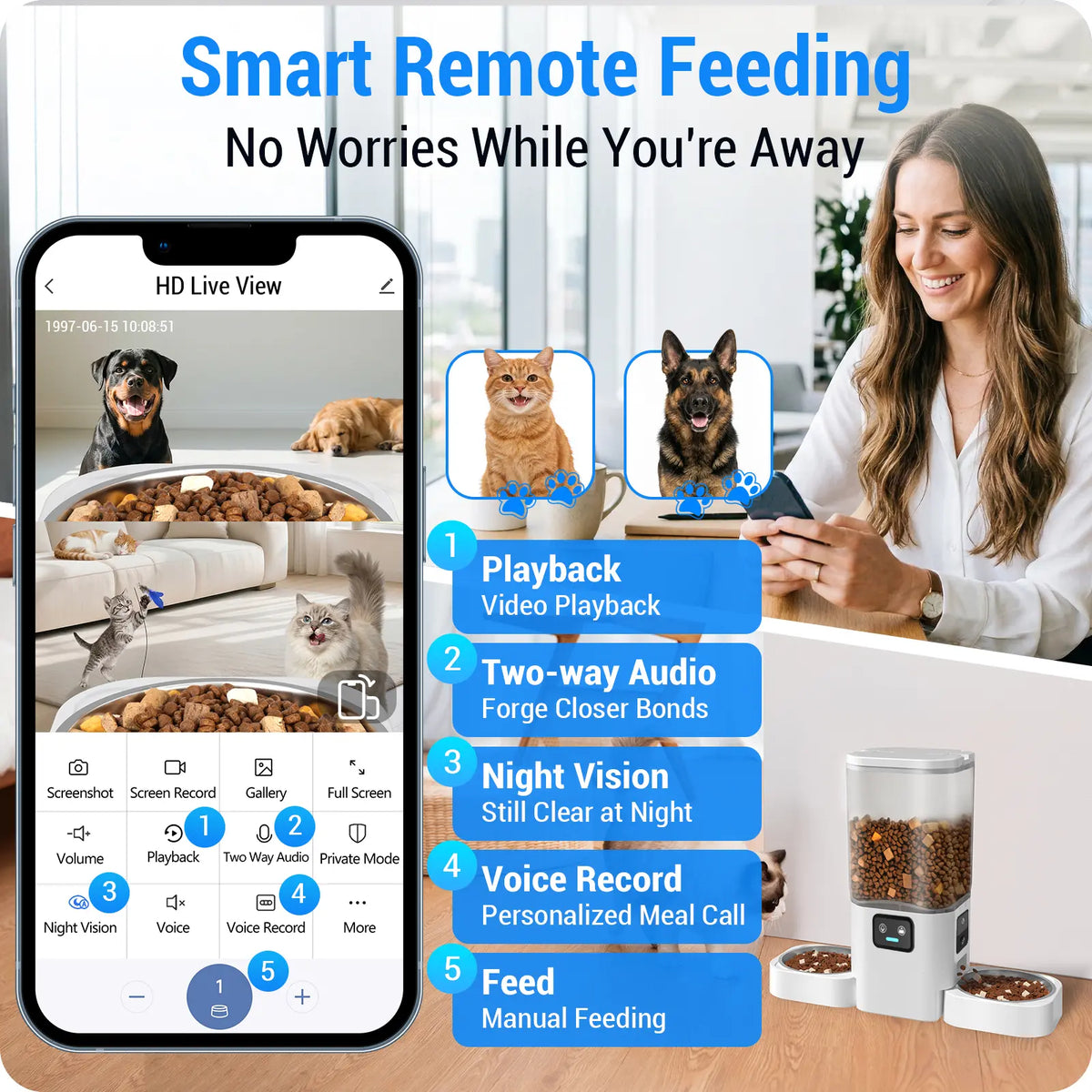 Frienhund Dual Camera Smart Pet Feeder – CHOOSE: with CAMERA / NO CAMERA, with 7L Dry Food Capacity, 1080P HD Monitoring, Night Vision,Slow Feed Mod, App Remote Control, Timed & Portion Feeding, Dual Stainless Steel Bowls for Multi-Pet Homes, Dual Bowls