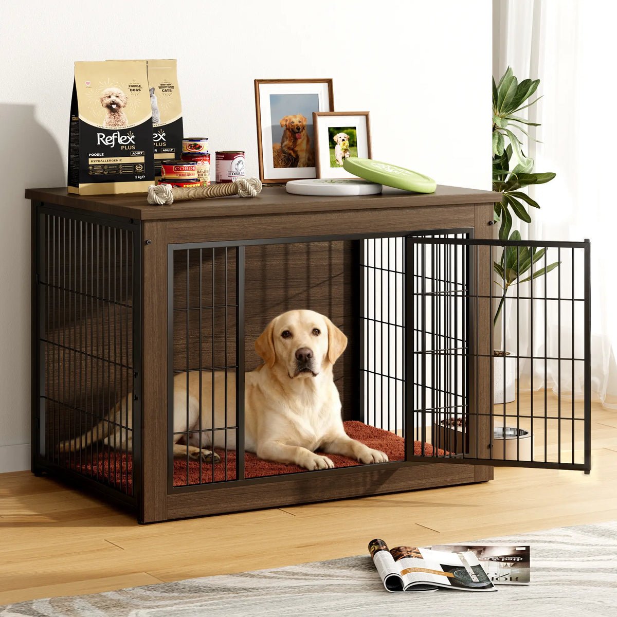 Heavy-Duty Wooden Dog Crate Side Table - Indoor Pet Furniture with Double Doors and Chew-Resistant Design for Small to Medium-Large Dogs