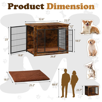 Heavy-Duty Wooden Dog Crate Side Table - Indoor Pet Furniture with Double Doors and Chew-Resistant Design for Small to Medium-Large Dogs
