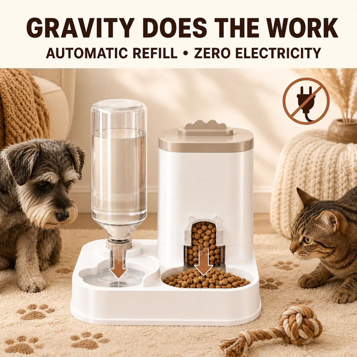 PAWSURD 2-in-1 Automatic Gravity Pet Feeder and Fresh Water Dispenser, Adjustable Food Flow, No Power Required, Perfect for Home and Short Trips, Suitable for Cats and Small Dogs