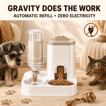 PAWSURD 2-in-1 Automatic Gravity Pet Feeder and Fresh Water Dispenser, Adjustable Food Flow, No Power Required, Perfect for Home and Short Trips, Suitable for Cats and Small Dogs