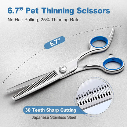 Right-Handed 9-In-1 Professional Dog & Cat Grooming Scissors Kit - Precise Cut, Rounded Tips, Ergonomic Curved/Straight Thinning Shears, Hair & Nail Clipper, File, Steel Comb, Storage Case for Small/Medium Pets, Beginners Home DIY Grooming, Hair Nails
