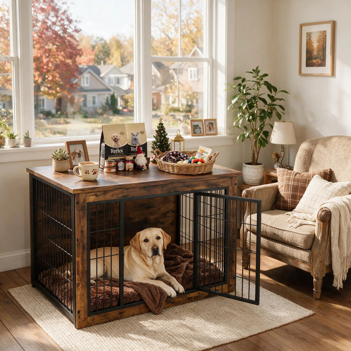 Heavy-Duty Wooden Dog Crate Side Table - Indoor Pet Furniture with Double Doors and Chew-Resistant Design for Small to Medium-Large Dogs