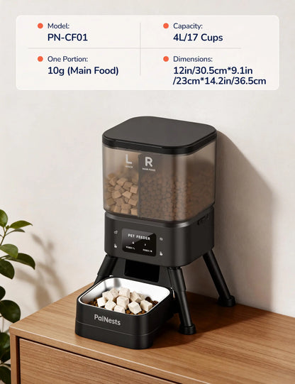 Palnests Smart 2-Hopper Automatic Pet Feeder - 4L Dry Food Dispenser with Stainless Steel Bowls, Dual-Band Wi-Fi Connectivity, Airtight Design, Mobile App Control, Timed Feeding, Dual Power Backup, and Low Food Alerts for Cats and Small to Medium Dogs