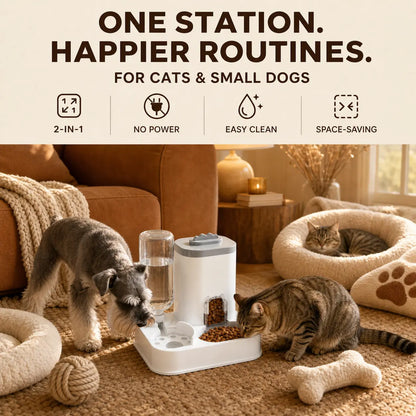 PAWSURD 2-in-1 Automatic Gravity Pet Feeder and Fresh Water Dispenser, Adjustable Food Flow, No Power Required, Perfect for Home and Short Trips, Suitable for Cats and Small Dogs