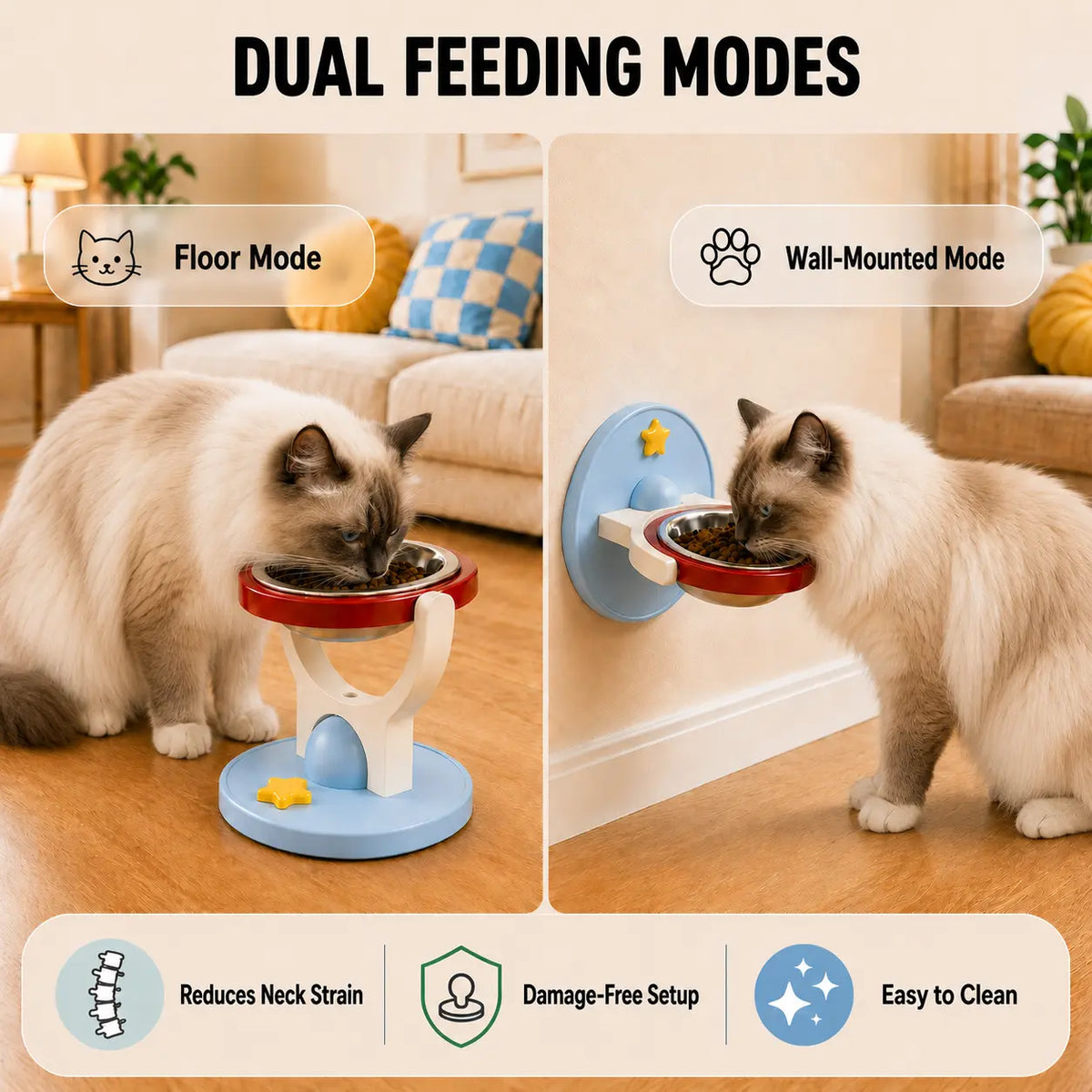 Elevated Stainless Steel Cat Bowl - 2-in-1 Wall-Mount or Floor-Standing Design, Neck-Friendly, Robot Vacuum Compatible, Easy to Clean for Indoor Cats