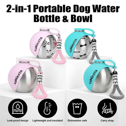 Lumikata 2-in-1 Portable Dog Water Bottle - 10oz Stainless Steel with Silicone Foldable Bowl, Leak-Proof Design for Small Dogs, Ideal for Walking and Feeding Supplies