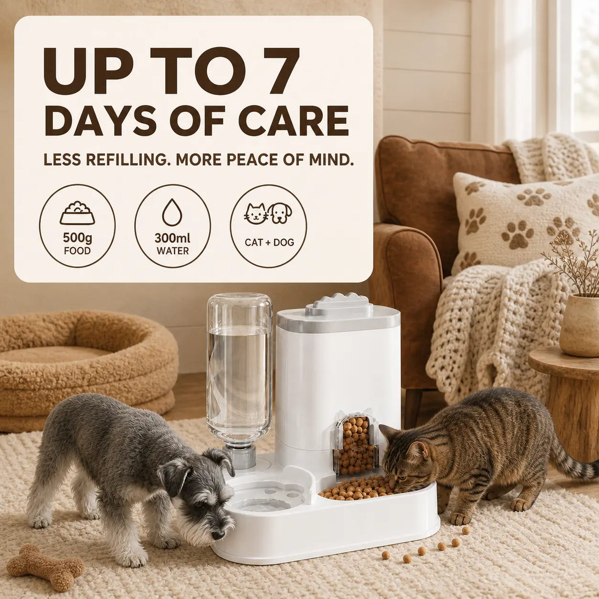 PAWSURD 2-in-1 Automatic Gravity Pet Feeder and Fresh Water Dispenser, Adjustable Food Flow, No Power Required, Perfect for Home and Short Trips, Suitable for Cats and Small Dogs