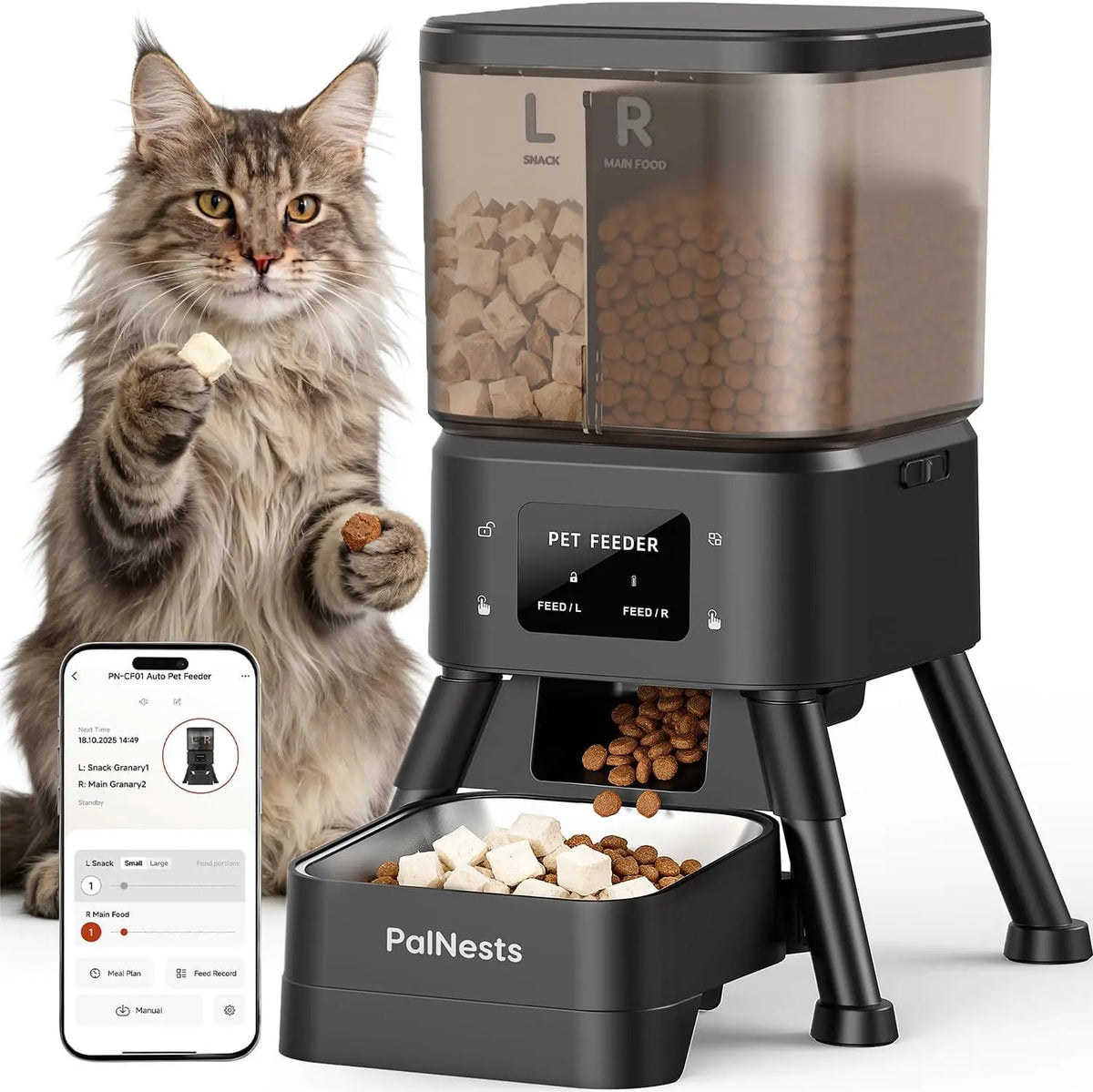 Palnests Smart 2-Hopper Automatic Pet Feeder - 4L Dry Food Dispenser with Stainless Steel Bowls, Dual-Band Wi-Fi Connectivity, Airtight Design, Mobile App Control, Timed Feeding, Dual Power Backup, and Low Food Alerts for Cats and Small to Medium Dogs