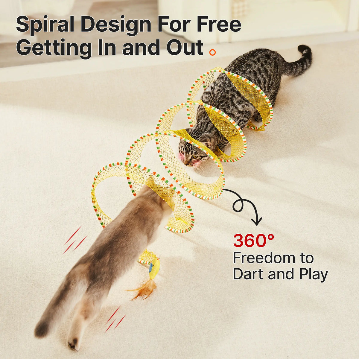 Potaroma Spiral Cat Tunnel Toy - Collapsible Flexible Spring Structure, Travel-Friendly Mesh Toy with Feather & Bell, 20 Inches Unfolded for Indoor Kittens, Bird-Enticing Accessory Supporting Mental Enrichment & Encouraging Gentle Movement