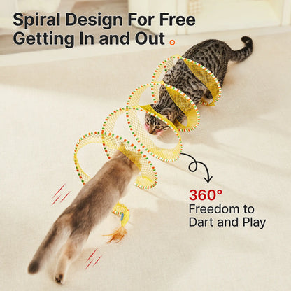 Potaroma Spiral Cat Tunnel Toy - Collapsible Flexible Spring Structure, Travel-Friendly Mesh Toy with Feather & Bell, 20 Inches Unfolded for Indoor Kittens, Bird-Enticing Accessory Supporting Mental Enrichment & Encouraging Gentle Movement