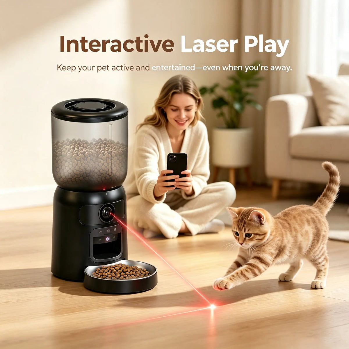 Taleboss Smart Automatic Cat Feeder with Integrated Camera, 5L Capacity, Laser Toy, 1080P HD Video, App Control, Night Vision, Dual Band Wifi, and Two-Way Audio