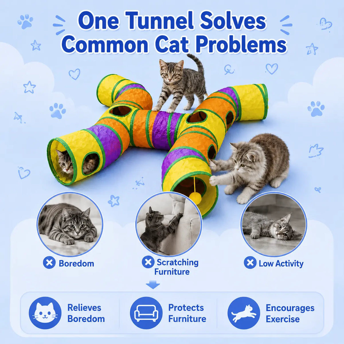 14-Way Interactive Cat Tunnel with Peek Holes and Ball - Foldable H-Shape Play Tunnel for Indoor Cats, Rabbits, Ferrets, and Small Pets