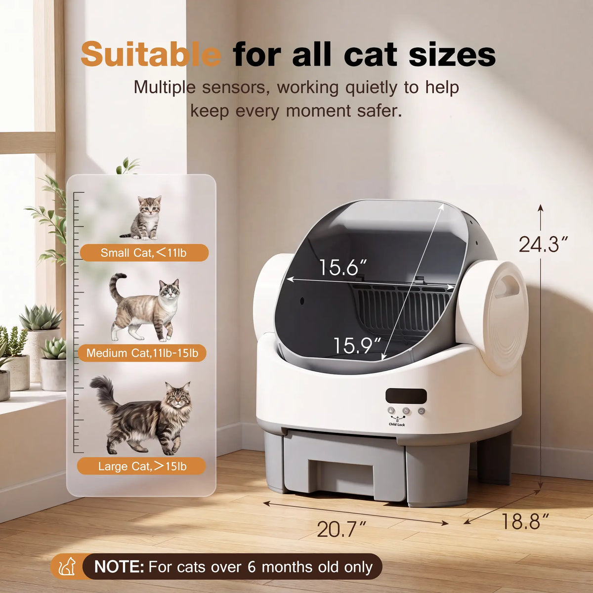 Alifuraha Smart Self-Cleaning Automatic Portable Litter Box - Open-Top, 3.5Lbs-22Lbs Cats, Large Capacity, App-Free & Plug-And-Play, 4-Layer Safety, Easy-Washable Drum, 15-Day Waste Hold, Scoop-Free, 3-Minute Deep Clean, Odor Control, Auto/Manual Modes