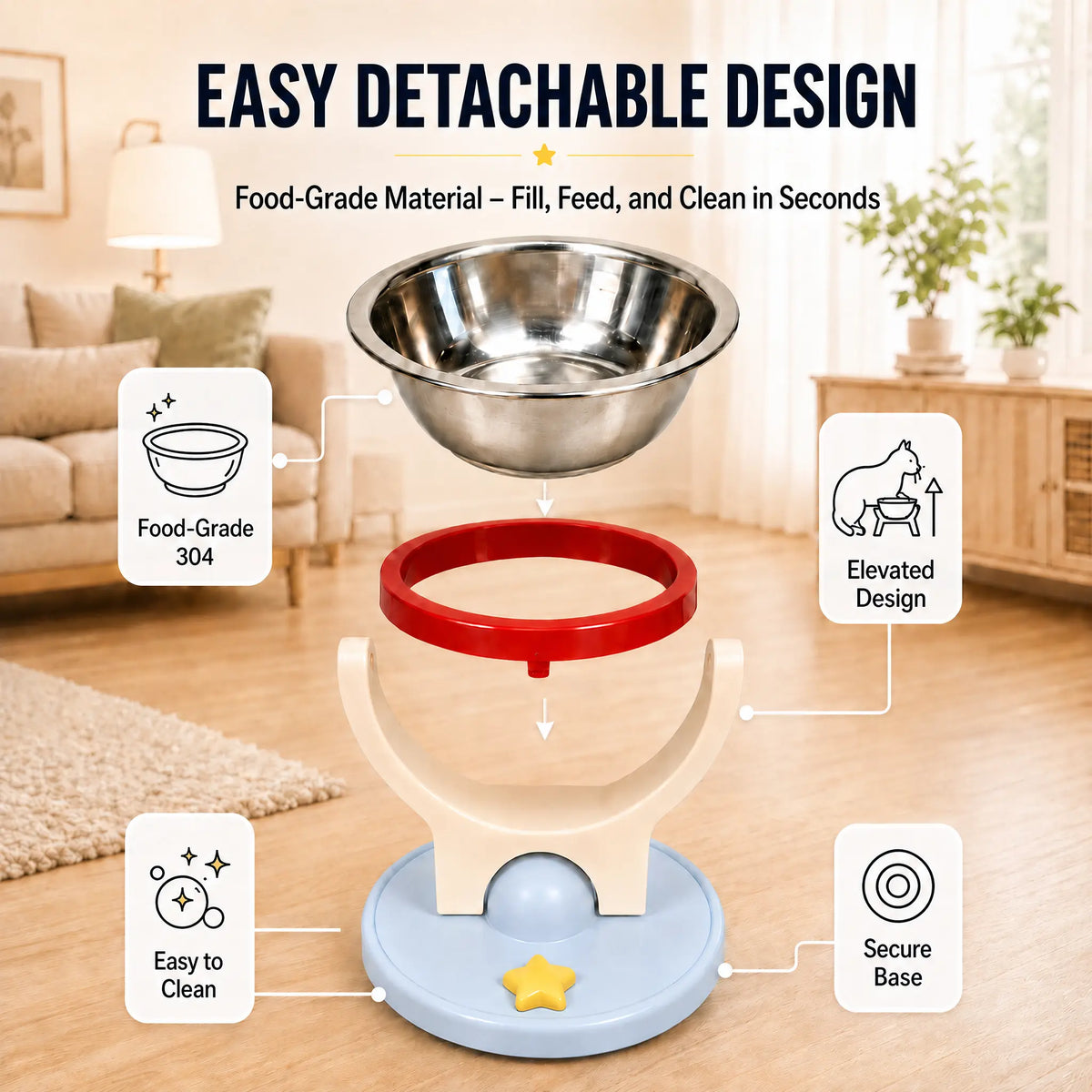 Elevated Stainless Steel Cat Bowl - 2-in-1 Wall-Mount or Floor-Standing Design, Neck-Friendly, Robot Vacuum Compatible, Easy to Clean for Indoor Cats
