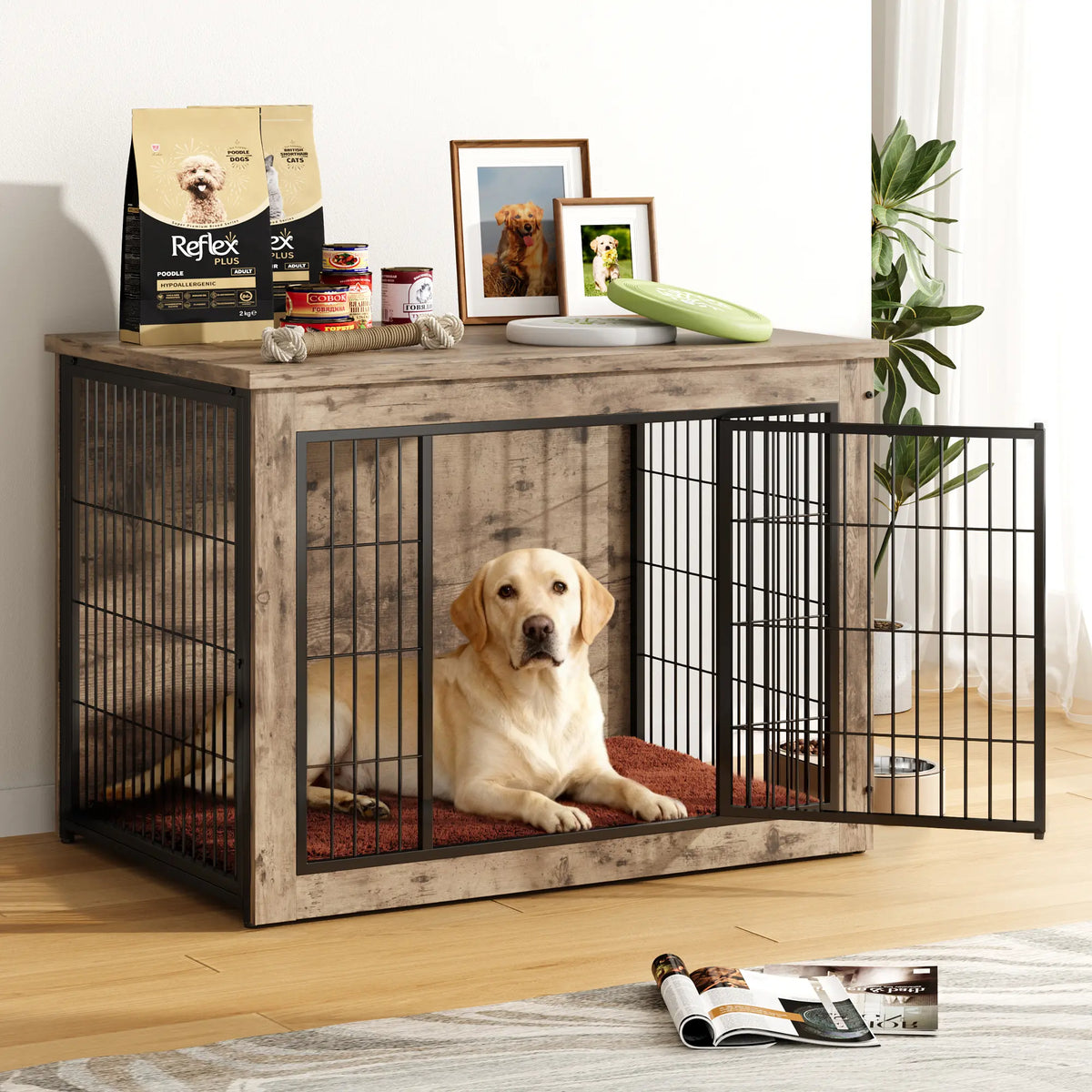 Heavy-Duty Wooden Dog Crate Side Table - Indoor Pet Furniture with Double Doors and Chew-Resistant Design for Small to Medium-Large Dogs