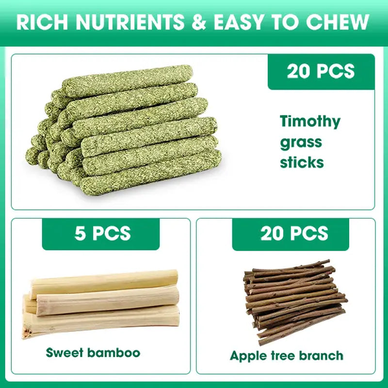 45 PCS Plant-Based High-Fiber Rabbit Molar Chew Sticks Set Pack - No Glue, Sweet Bamboo & Timothy Hay Mix, Digestion Aid, High Fiber for Healthy Gut, Helps Relieve Tension, Small Pet Treats for Rabbits