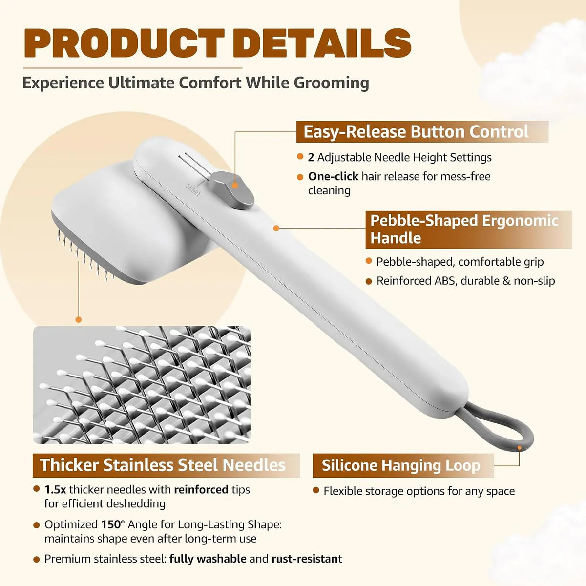 Self-Cleaning Deshedding Slicker Comb for Dogs and Cats - Universal One-Click Release Brush for Effective Shed Control and Easy Maintenance