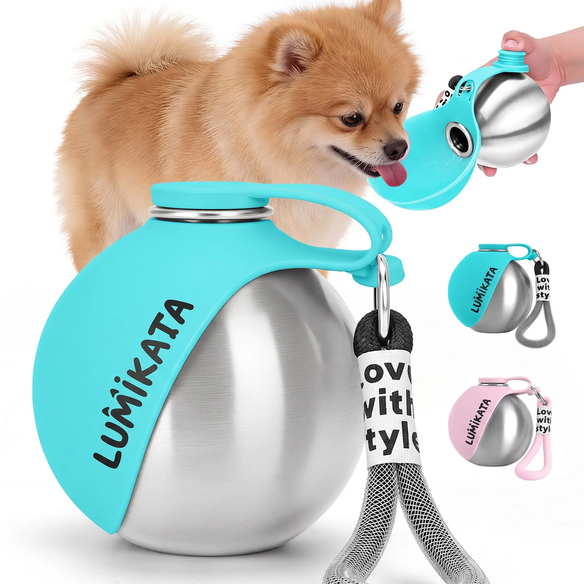 Lumikata 2-in-1 Portable Dog Water Bottle - 10oz Stainless Steel with Silicone Foldable Bowl, Leak-Proof Design for Small Dogs, Ideal for Walking and Feeding Supplies