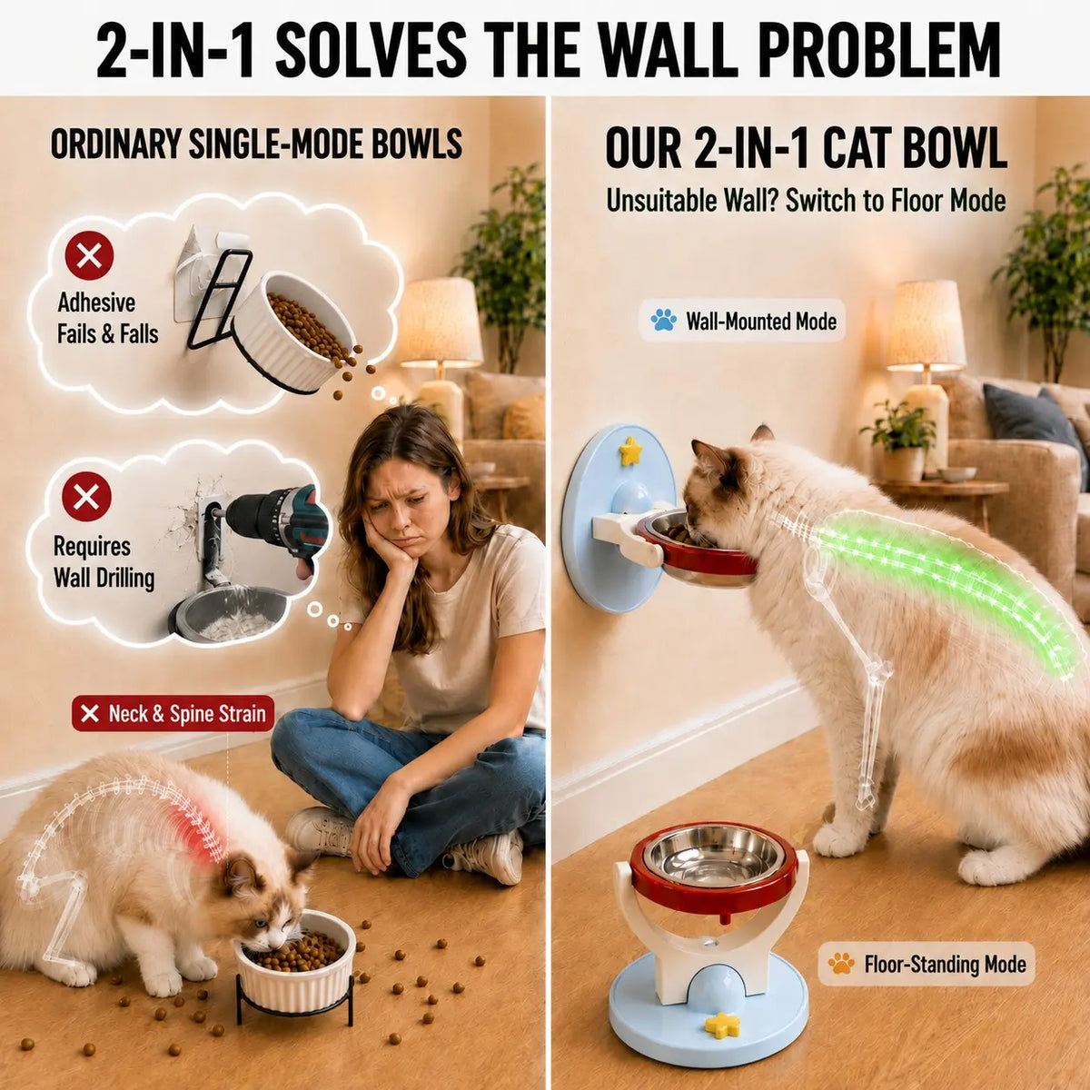 Elevated Stainless Steel Cat Bowl - 2-in-1 Wall-Mount or Floor-Standing Design, Neck-Friendly, Robot Vacuum Compatible, Easy to Clean for Indoor Cats
