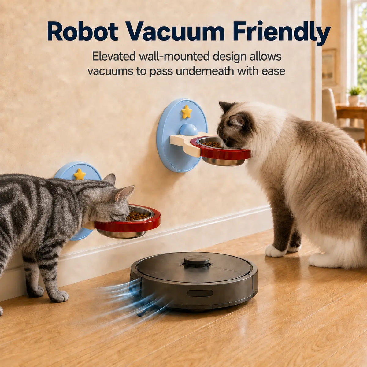 Elevated Stainless Steel Cat Bowl - 2-in-1 Wall-Mount or Floor-Standing Design, Neck-Friendly, Robot Vacuum Compatible, Easy to Clean for Indoor Cats
