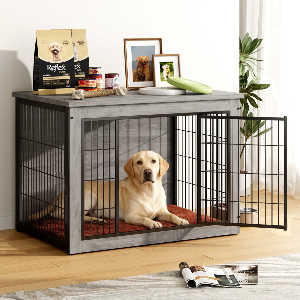 Heavy-Duty Wooden Dog Crate Side Table - Indoor Pet Furniture with Double Doors and Chew-Resistant Design for Small to Medium-Large Dogs