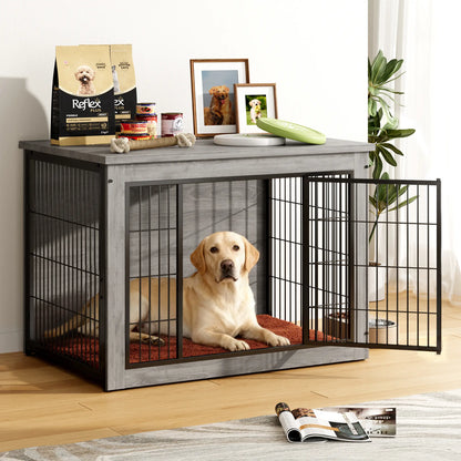 Heavy-Duty Wooden Dog Crate Side Table - Indoor Pet Furniture with Double Doors and Chew-Resistant Design for Small to Medium-Large Dogs