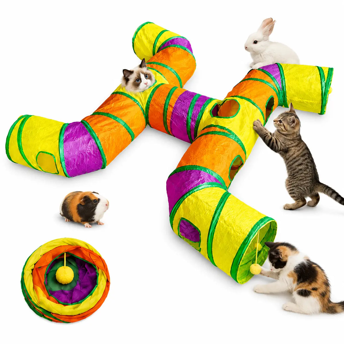 14-Way Interactive Cat Tunnel with Peek Holes and Ball - Foldable H-Shape Play Tunnel for Indoor Cats, Rabbits, Ferrets, and Small Pets