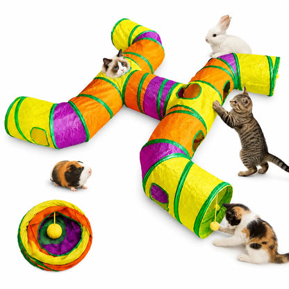 14-Way Interactive Cat Tunnel with Peek Holes and Ball - Foldable H-Shape Play Tunnel for Indoor Cats, Rabbits, Ferrets, and Small Pets