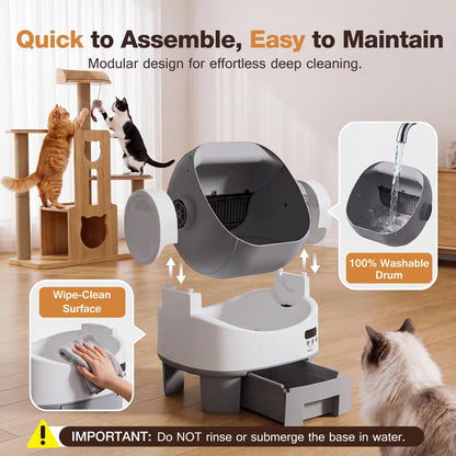 Alifuraha Smart Self-Cleaning Automatic Portable Litter Box - Open-Top, 3.5Lbs-22Lbs Cats, Large Capacity, App-Free & Plug-And-Play, 4-Layer Safety, Easy-Washable Drum, 15-Day Waste Hold, Scoop-Free, 3-Minute Deep Clean, Odor Control, Auto/Manual Modes