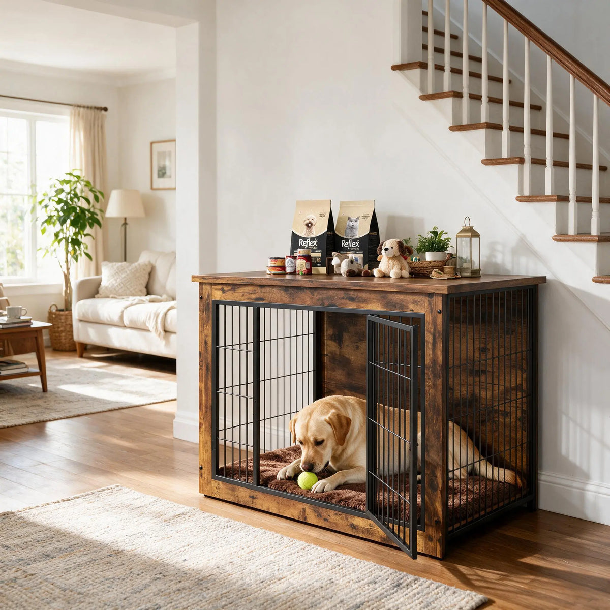 Heavy-Duty Wooden Dog Crate Side Table - Indoor Pet Furniture with Double Doors and Chew-Resistant Design for Small to Medium-Large Dogs