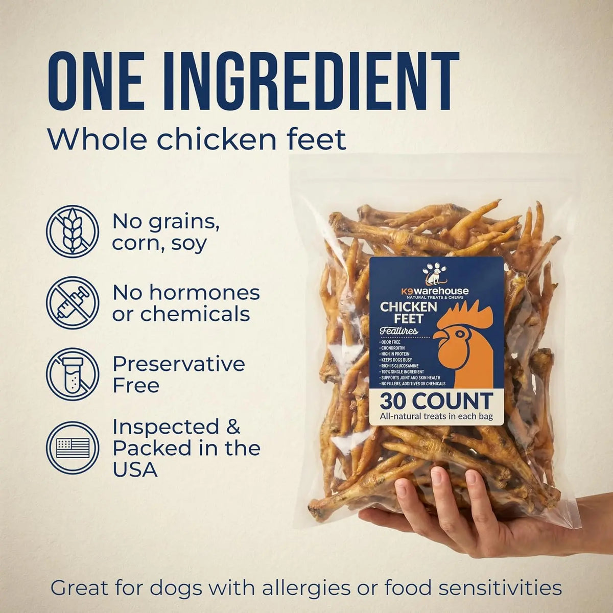 K9Warehouse Chicken Feet for Dogs - 30 Count Package