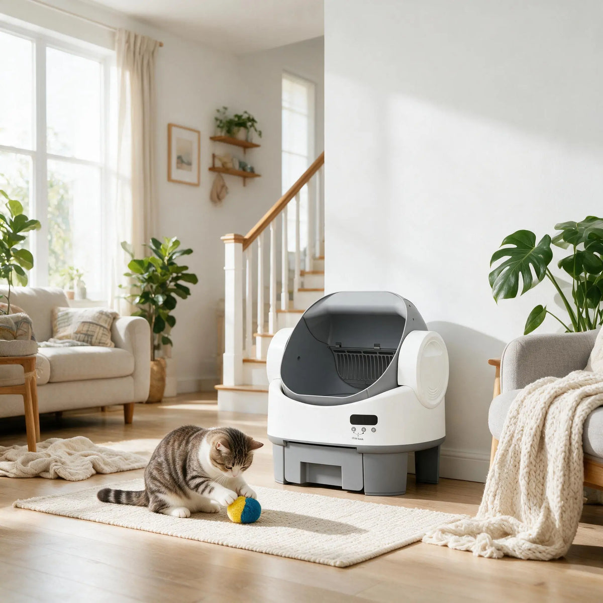 Alifuraha Smart Self-Cleaning Automatic Portable Litter Box - Open-Top, 3.5Lbs-22Lbs Cats, Large Capacity, App-Free & Plug-And-Play, 4-Layer Safety, Easy-Washable Drum, 15-Day Waste Hold, Scoop-Free, 3-Minute Deep Clean, Odor Control, Auto/Manual Modes