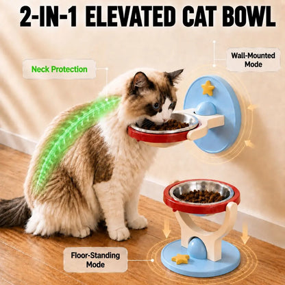 Elevated Stainless Steel Cat Bowl - 2-in-1 Wall-Mount or Floor-Standing Design, Neck-Friendly, Robot Vacuum Compatible, Easy to Clean for Indoor Cats
