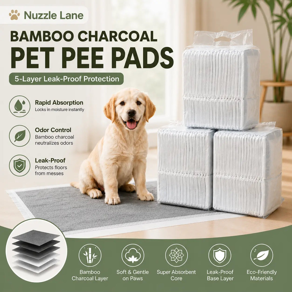 Disposable Puppy Pee Pads with Carbon Layer - Quick-Dry, Leakproof Dog Potty Pads for Puppy Potty Training and Housebreaking