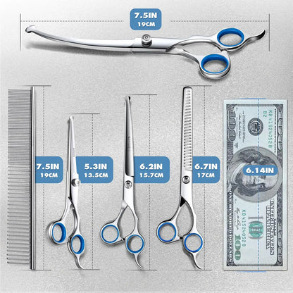 Right-Handed 9-In-1 Professional Dog & Cat Grooming Scissors Kit - Precise Cut, Rounded Tips, Ergonomic Curved/Straight Thinning Shears, Hair & Nail Clipper, File, Steel Comb, Storage Case for Small/Medium Pets, Beginners Home DIY Grooming, Hair Nails