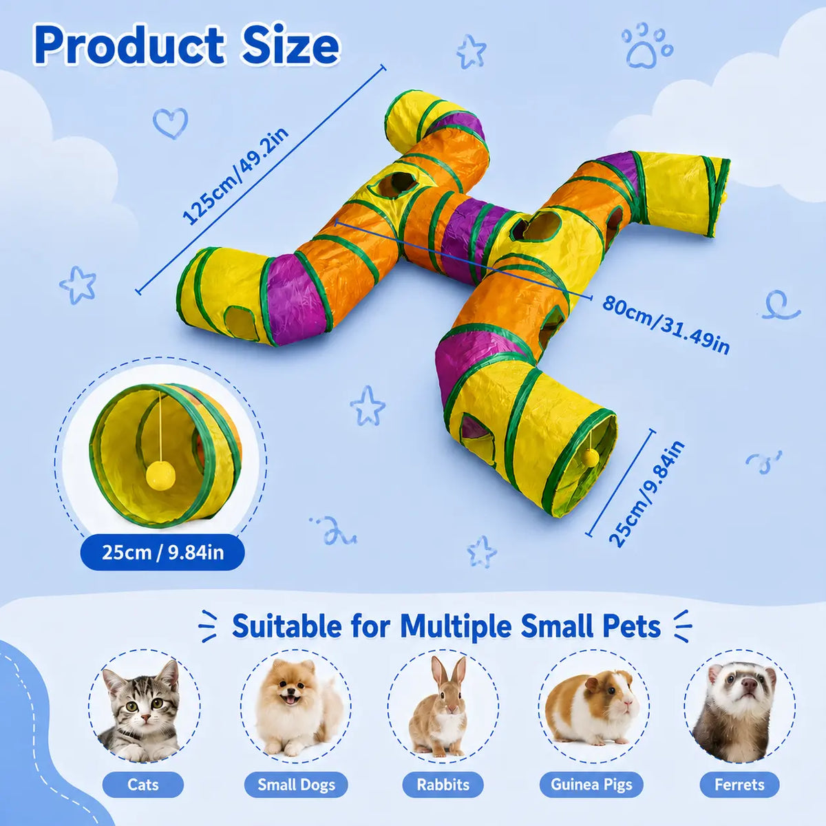 14-Way Interactive Cat Tunnel with Peek Holes and Ball - Foldable H-Shape Play Tunnel for Indoor Cats, Rabbits, Ferrets, and Small Pets