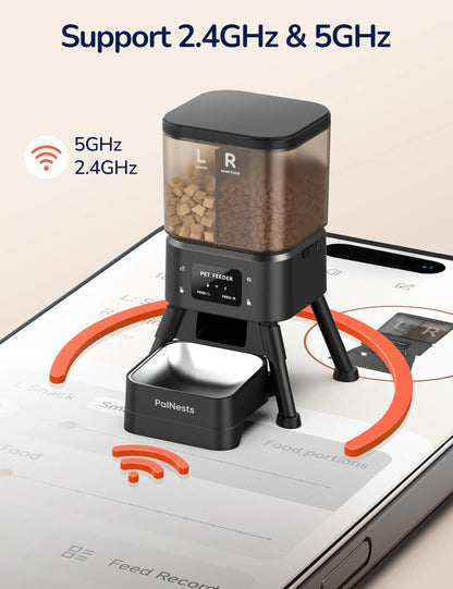 Palnests Smart 2-Hopper Automatic Pet Feeder - 4L Dry Food Dispenser with Stainless Steel Bowls, Dual-Band Wi-Fi Connectivity, Airtight Design, Mobile App Control, Timed Feeding, Dual Power Backup, and Low Food Alerts for Cats and Small to Medium Dogs