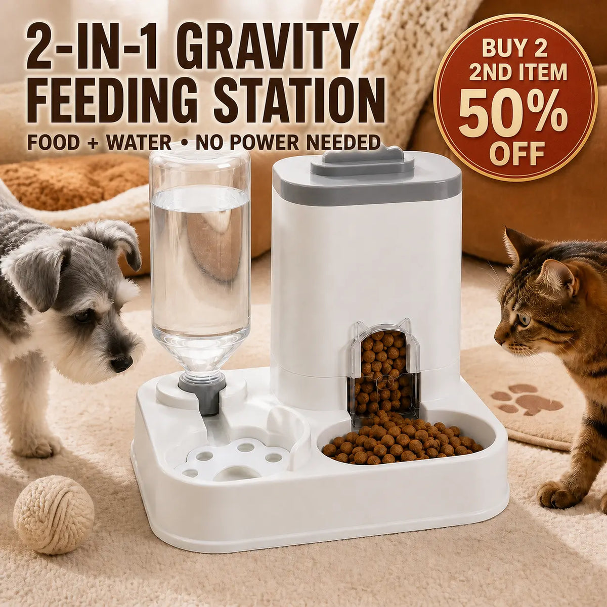 PAWSURD 2-in-1 Automatic Gravity Pet Feeder and Fresh Water Dispenser, Adjustable Food Flow, No Power Required, Perfect for Home and Short Trips, Suitable for Cats and Small Dogs