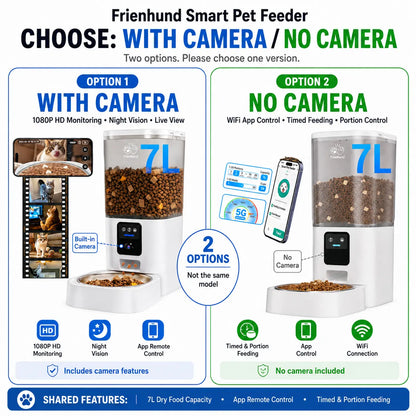 Frienhund Dual Camera Smart Pet Feeder – CHOOSE: with CAMERA / NO CAMERA, with 7L Dry Food Capacity, 1080P HD Monitoring, Night Vision,Slow Feed Mod, App Remote Control, Timed & Portion Feeding, Dual Stainless Steel Bowls for Multi-Pet Homes, Dual Bowls