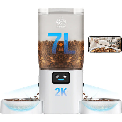 Frienhund Dual Camera Smart Pet Feeder – CHOOSE: with CAMERA / NO CAMERA, with 7L Dry Food Capacity, 1080P HD Monitoring, Night Vision,Slow Feed Mod, App Remote Control, Timed & Portion Feeding, Dual Stainless Steel Bowls for Multi-Pet Homes, Dual Bowls