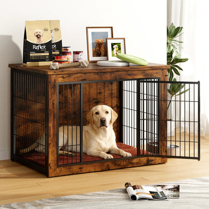 Heavy-Duty Wooden Dog Crate Side Table - Indoor Pet Furniture with Double Doors and Chew-Resistant Design for Small to Medium-Large Dogs
