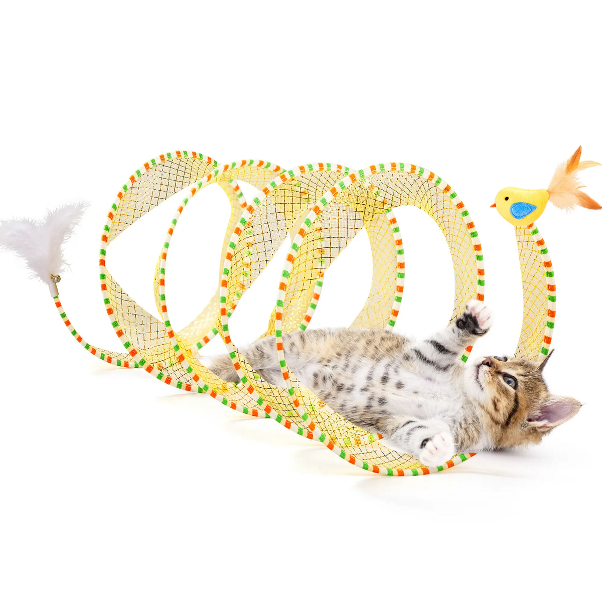 Potaroma Spiral Cat Tunnel Toy - Collapsible Flexible Spring Structure, Travel-Friendly Mesh Toy with Feather & Bell, 20 Inches Unfolded for Indoor Kittens, Bird-Enticing Accessory Supporting Mental Enrichment & Encouraging Gentle Movement