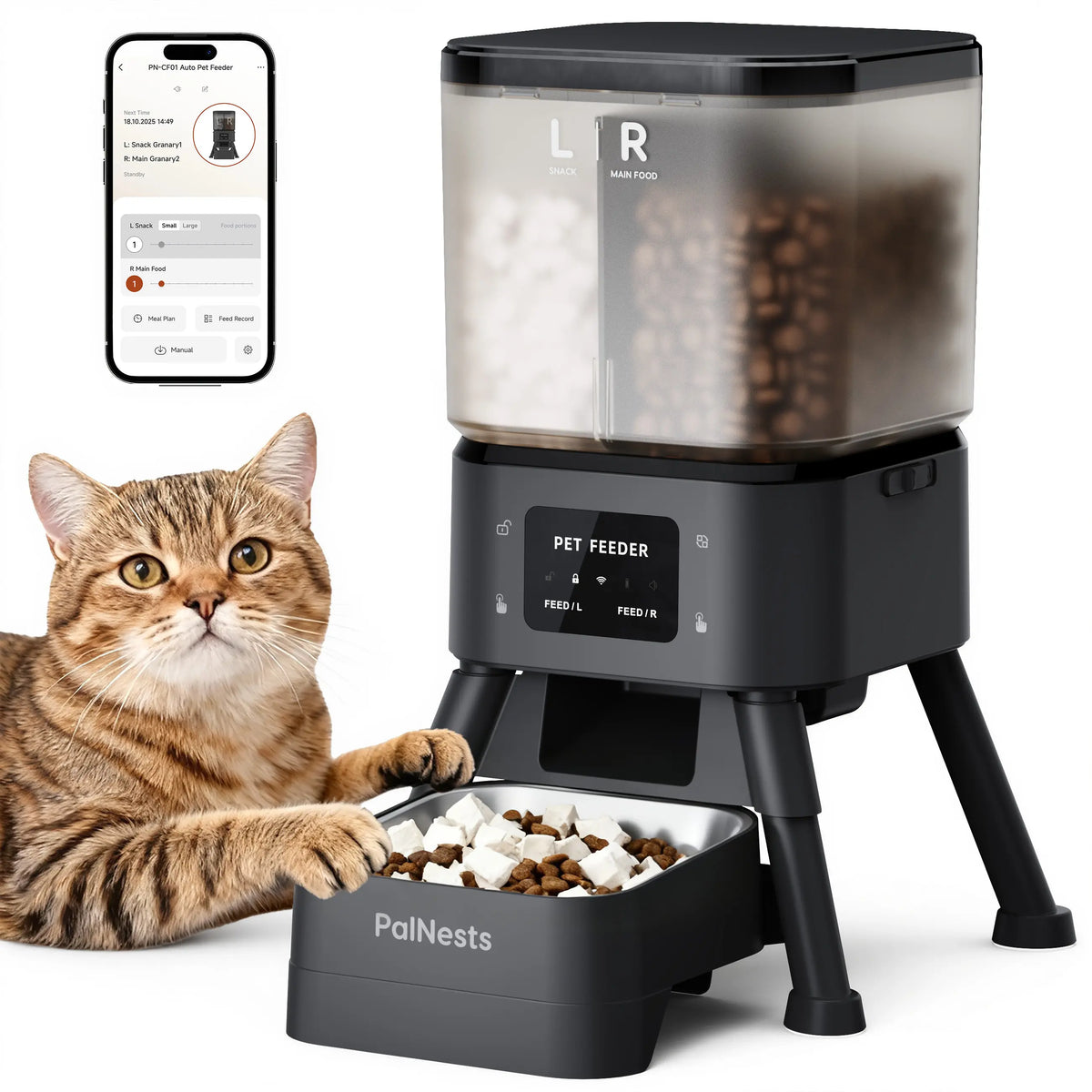 Palnests Smart 2-Hopper Automatic Pet Feeder - 4L Dry Food Dispenser with Stainless Steel Bowls, Dual-Band Wi-Fi Connectivity, Airtight Design, Mobile App Control, Timed Feeding, Dual Power Backup, and Low Food Alerts for Cats and Small to Medium Dogs