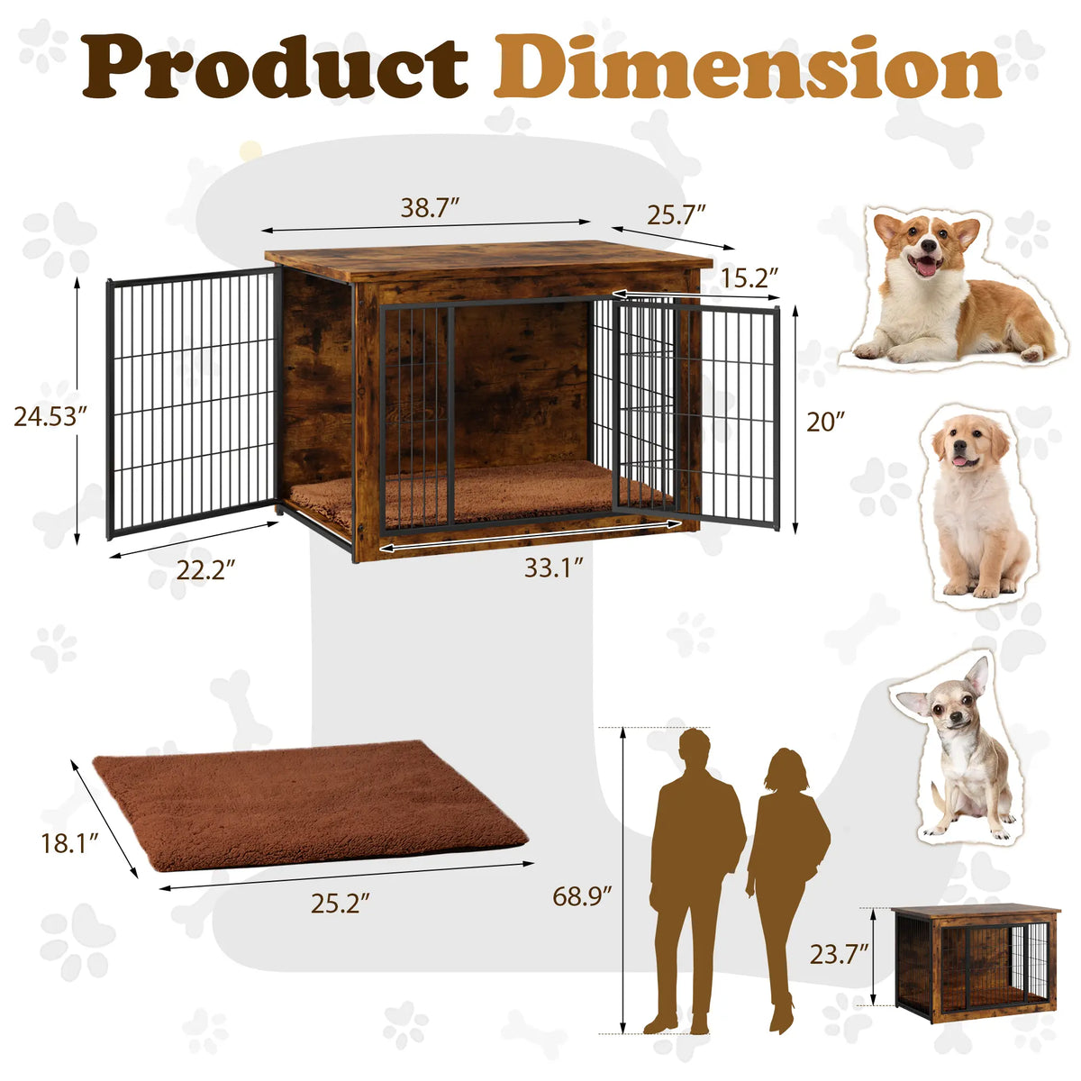 Heavy-Duty Wooden Dog Crate Side Table - Indoor Pet Furniture with Double Doors and Chew-Resistant Design for Small to Medium-Large Dogs