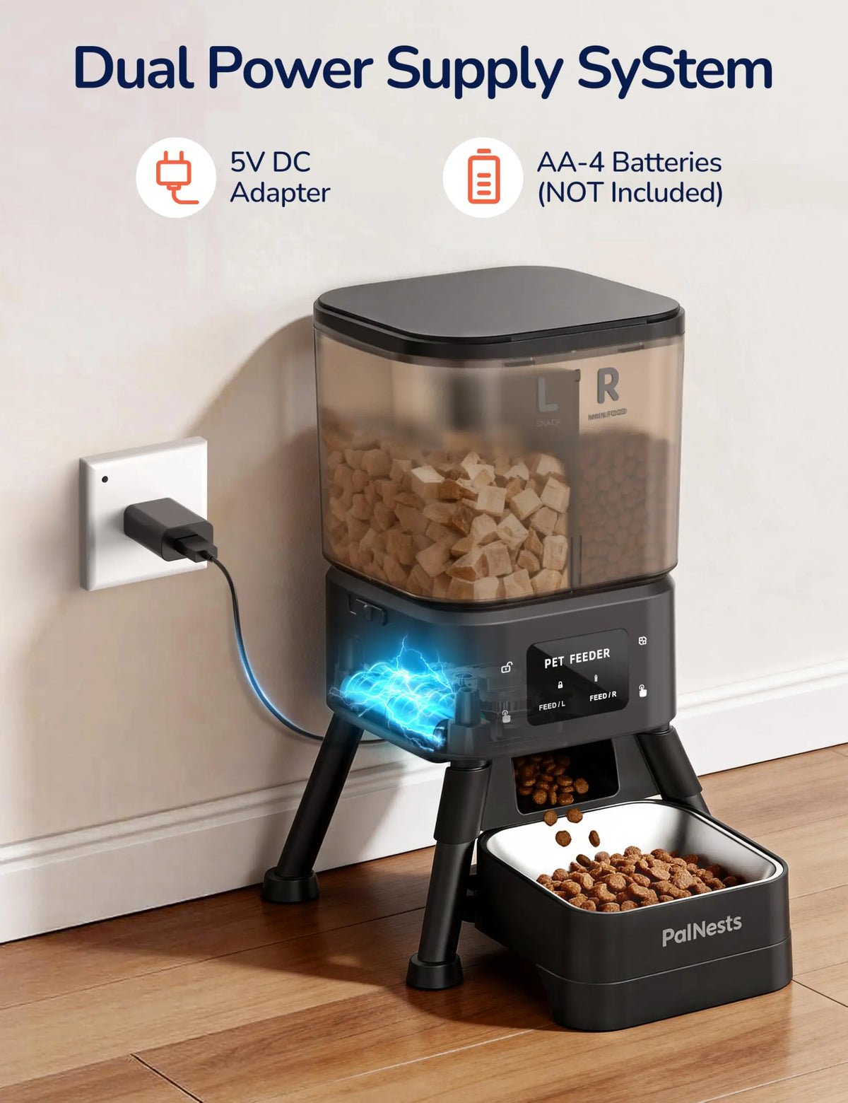 Palnests Smart 2-Hopper Automatic Pet Feeder - 4L Dry Food Dispenser with Stainless Steel Bowls, Dual-Band Wi-Fi Connectivity, Airtight Design, Mobile App Control, Timed Feeding, Dual Power Backup, and Low Food Alerts for Cats and Small to Medium Dogs