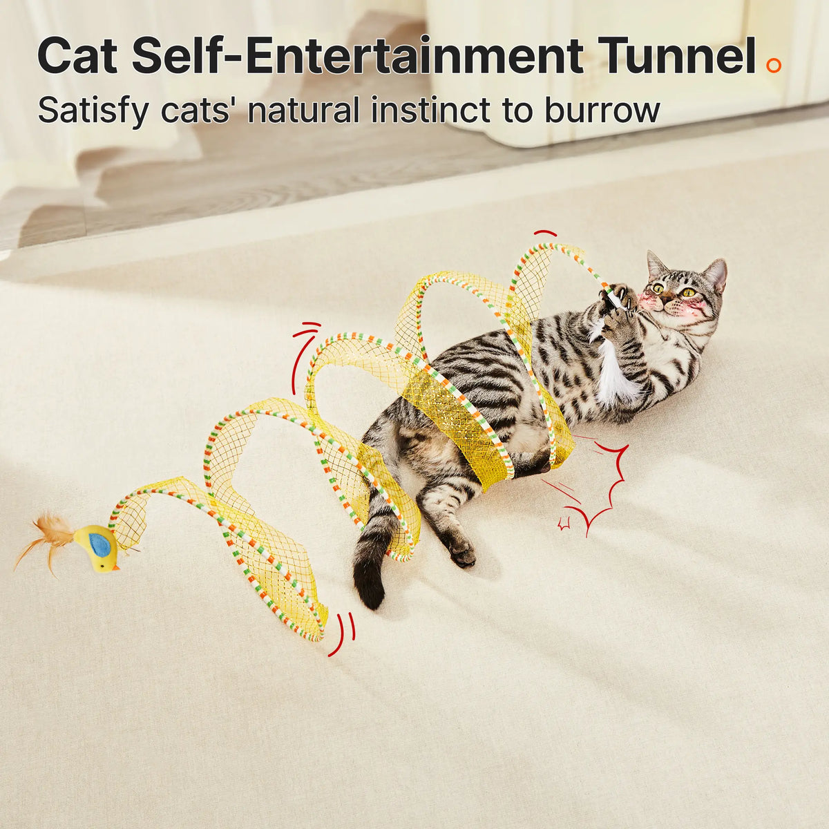 Potaroma Spiral Cat Tunnel Toy - Collapsible Flexible Spring Structure, Travel-Friendly Mesh Toy with Feather & Bell, 20 Inches Unfolded for Indoor Kittens, Bird-Enticing Accessory Supporting Mental Enrichment & Encouraging Gentle Movement