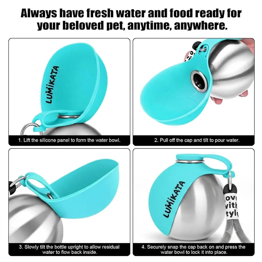 Lumikata 2-in-1 Portable Dog Water Bottle - 10oz Stainless Steel with Silicone Foldable Bowl, Leak-Proof Design for Small Dogs, Ideal for Walking and Feeding Supplies