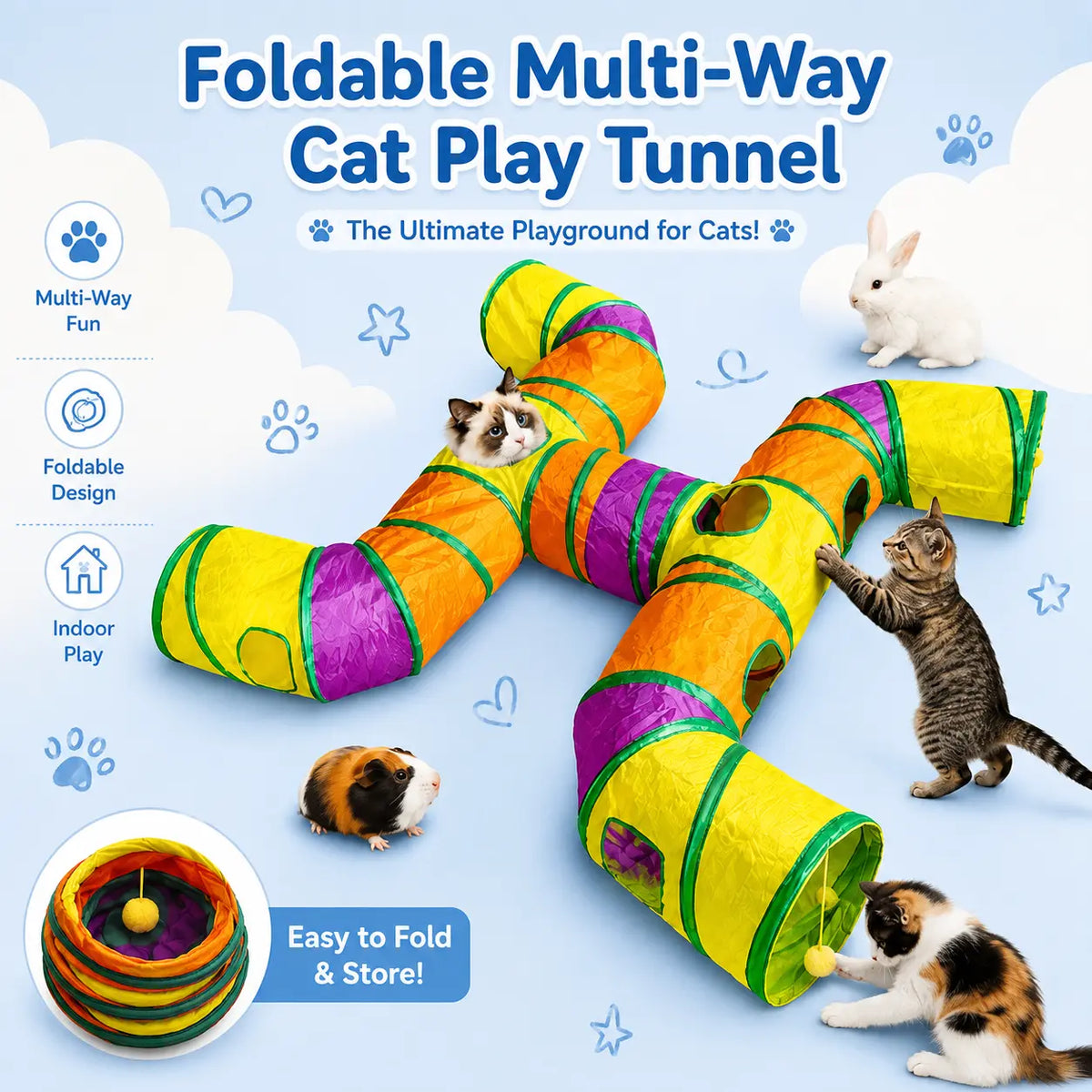 14-Way Interactive Cat Tunnel with Peek Holes and Ball - Foldable H-Shape Play Tunnel for Indoor Cats, Rabbits, Ferrets, and Small Pets